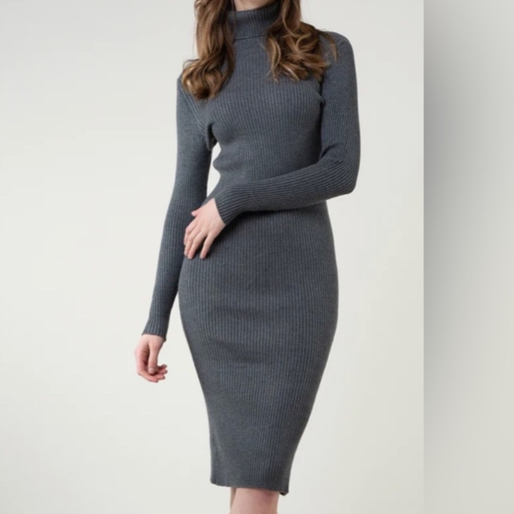 Express Ribbed Gray Turtleneck Midi Sweater Dress